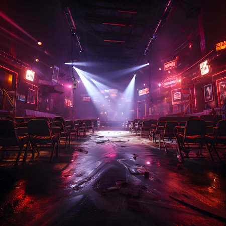 Dramatic night club interior with empty chairs and glowing spotlightsの素材
