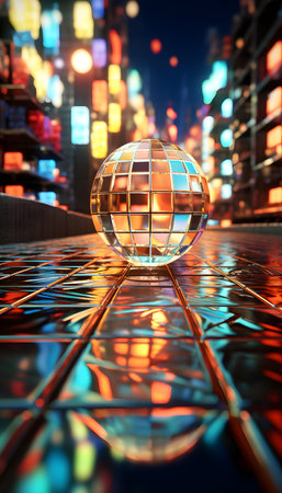 3d rendering of a disco ball in the city at night.の素材