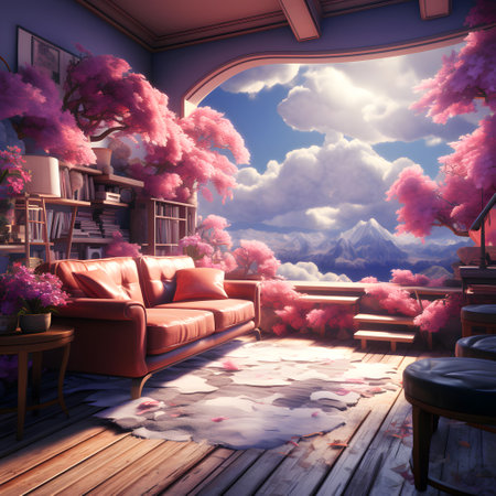 3D render of a living room with a view of the mountainsの素材