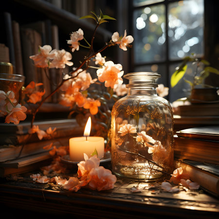 Still life with books, candles and flowers on a wooden table.の素材