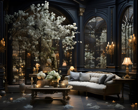 Luxury living room interior with classic furniture and flowers. 3d renderingの素材
