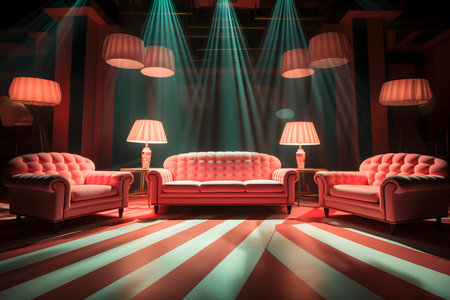 Interior of the night club with a leather sofa, two lamps and a red carpetの素材