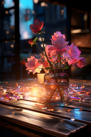 Bouquet of flowers in a glass vase on a wooden tableの素材