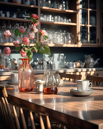 Interior of a cafe with a table and a vase with flowersの素材
