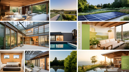 Collage of modern house with solar panels on roof and pool.の素材