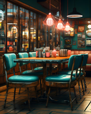 3d rendering of a cafe interior with tables and chairs in retro styleの素材