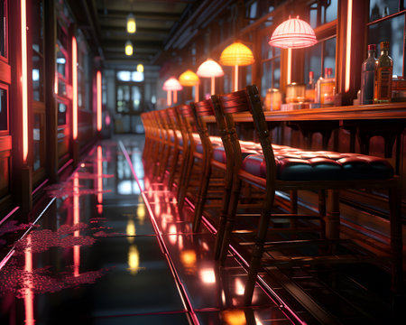 Interior of a night club with bar chairs and red lights.の素材