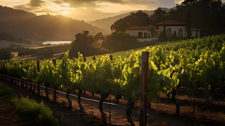 Rows of green grapes in vineyard on the hills at sunsetの素材