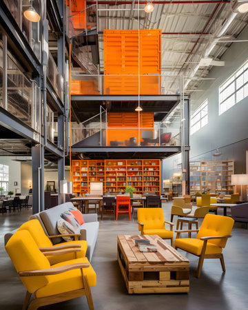 Interior of a modern office space with orange armchairs and tablesの素材