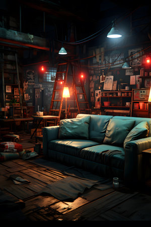 Interior of a dark room with a sofa and bookshelfの素材