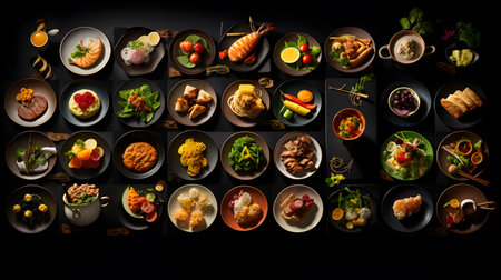 Selection of traditional Asian dishes on black background. Top view.の素材