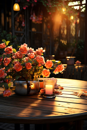 Beautiful roses on the wooden table in the cafe, stock photoの素材