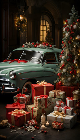 Vintage car with gifts and Christmas tree in the background at nightの素材