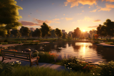 Sunset in the park with a bench and a pond in the foregroundの素材