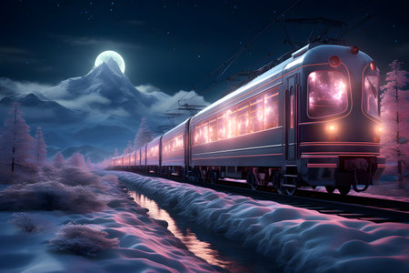 Train on the background of the mountains at night. 3d renderingの素材