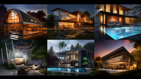 3d rendering of modern cozy chalet with pool and parking for sale or rent in luxurious style. Collage.の素材