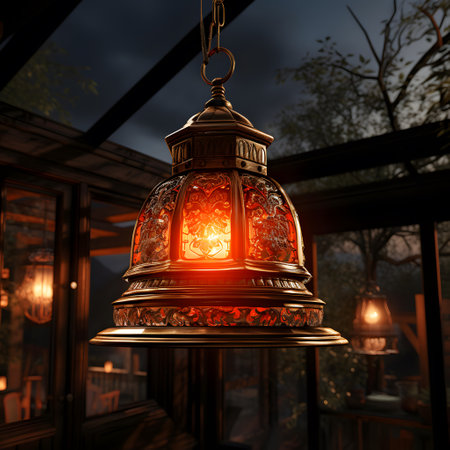 Lantern hanging on the window of a cafe in the eveningの素材