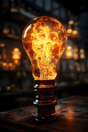 Incandescent light bulb burning in the dark. Conceptual image.の素材
