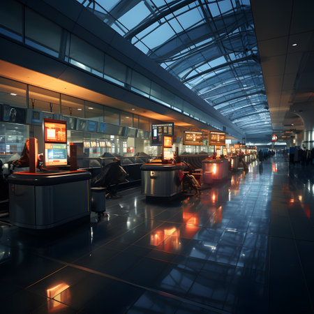 Airport terminal at night. Passenger waiting for flight. Travel concept.の素材