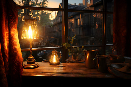Lantern on a wooden table in a cafe at sunset.の素材
