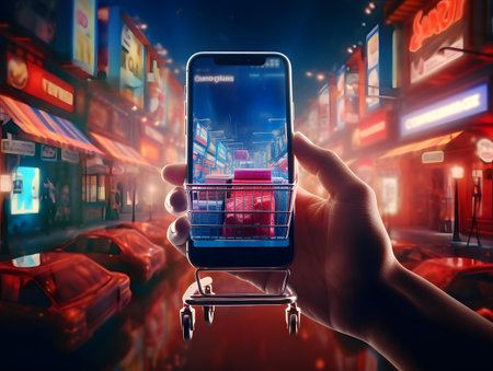 Smartphone with shopping cart on the background of the night city.の素材