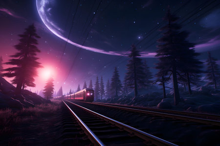 Fantasy landscape with railway and moon in the sky. 3d renderingの素材