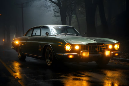 Old car on the road in foggy night. Retro style.の素材