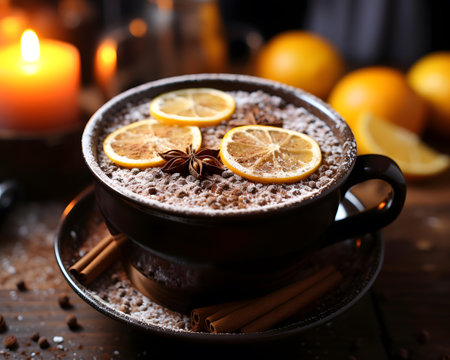 Cup of coffee with lemon and spices on wooden table, closeupの素材