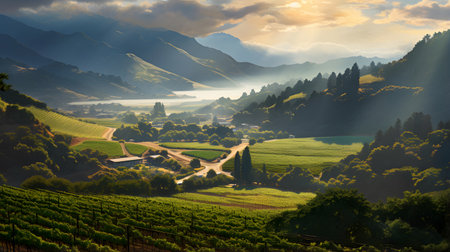 Vineyards on the slopes of the Alps in the morning lightの素材