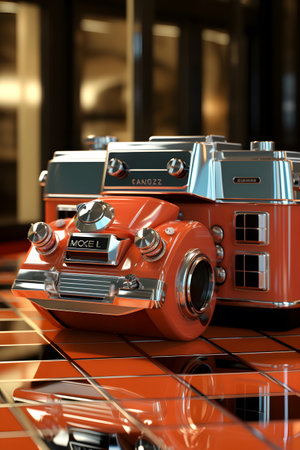 3d rendering of an old vintage camera on a reflective tile floorの素材