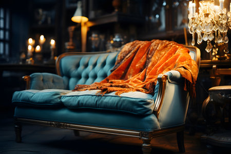 Vintage interior of an old house with a blue sofa and candlesの素材