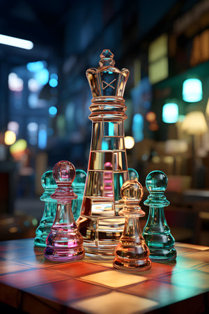 Chess board game with glass figures on it. 3d renderingの素材