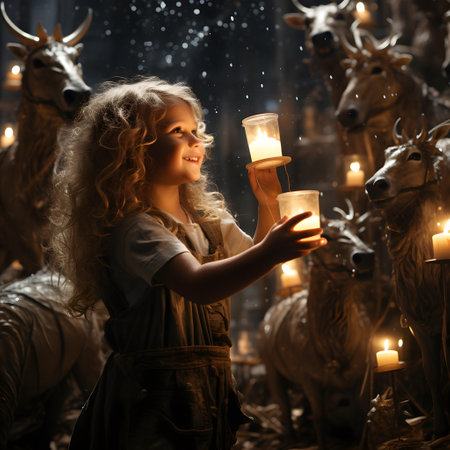Little girl with a candle in the hands of a deer. Fairytale.の素材