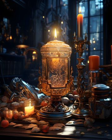 Vintage candlestick with burning candles in a dark room.の素材