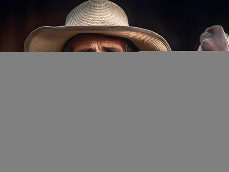Portrait of a man in a straw hat. Selective focus.の素材