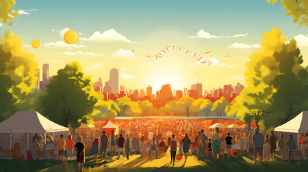 Illustration of people enjoying picnic in the park. Vector illustration.の素材