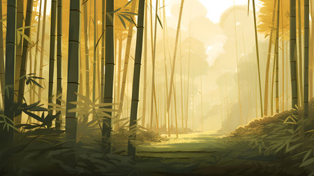 Bamboo forest in the morning with sunlight. 3D illustrations.の素材
