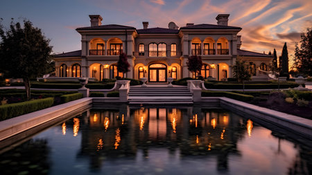 Sunset view of luxurious mansion with swimming pool in the garden.の素材