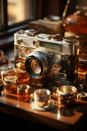 Vintage camera and glass of whiskey on a table in a restaurantの素材
