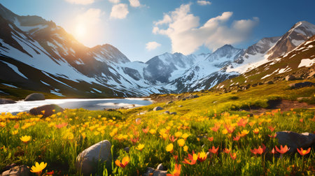 Mountain landscape with blooming flowers and snow-capped peaksの素材