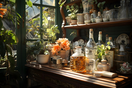 Vintage interior of a shop with bottles of alcohol and flowers.の素材