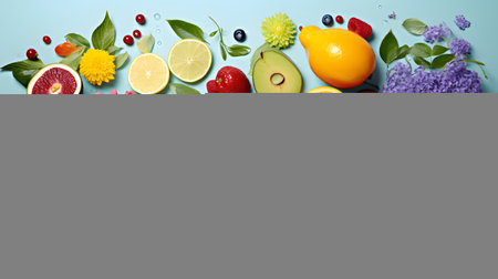 Fruits and vegetables on a blue background. Healthy food concept.の素材