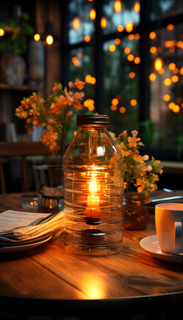 Aromatic candle in glass jar on table in cafe, closeupの素材
