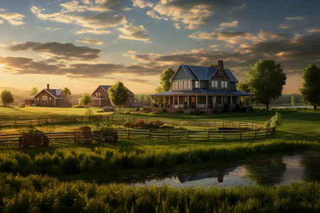 Beautiful rural landscape with a farm house and a pond at sunsetの素材