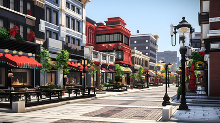 3D rendering of a city street with restaurants and shops in the eveningの素材