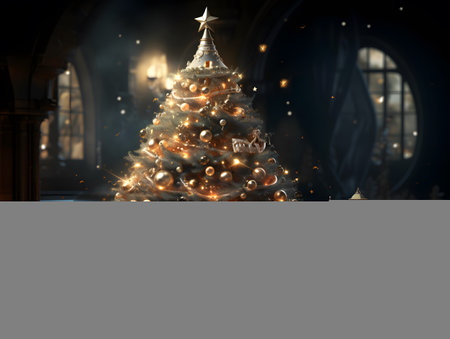 Christmas tree with lights and snowflakes on the background of the windowの素材
