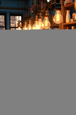 Vintage light bulbs decorate the interior of a cafe, stock photoの素材
