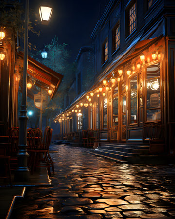 Illustration of a street in the old town at night with lightsの素材