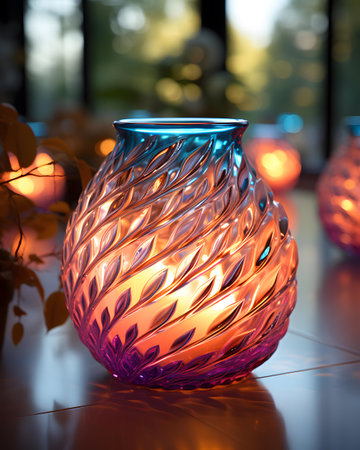 Colorful decorative glass vase with burning candles on the table.の素材