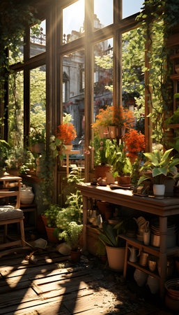 Outdoor terrace in a cafe with flowers and plants in potsの素材